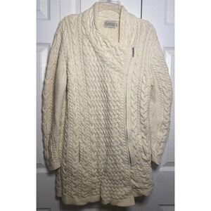Blarney Aran Sweater Large Cream Cardigan Jacket Merino Wool Cable Knit Ireland
